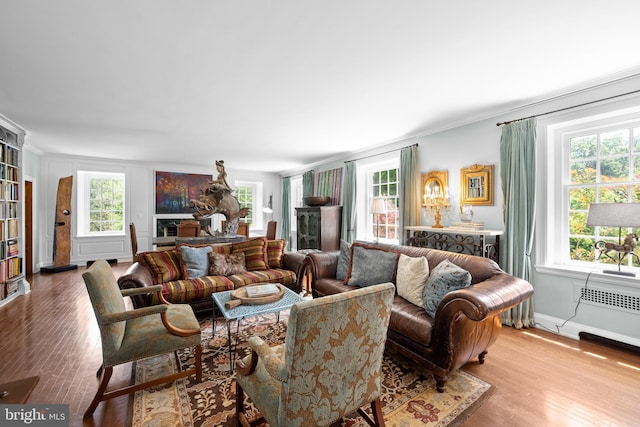 living room featuring plenty of natural light, radiator heating unit, wood-type flooring, and crown molding