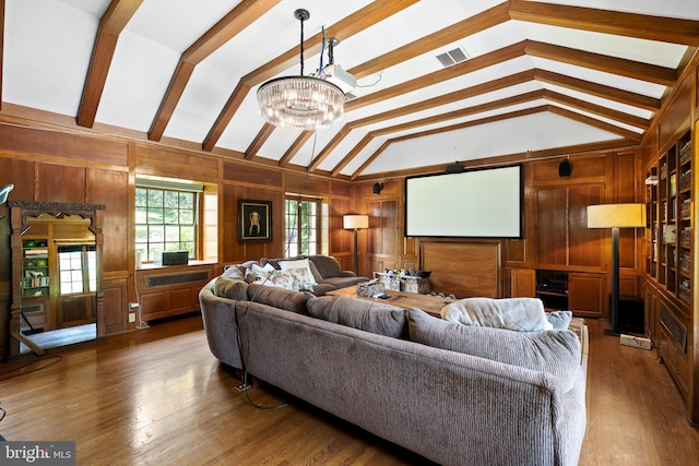 living room featuring lofted ceiling with beams, dark hardwood / wood-style floors, and wood walls