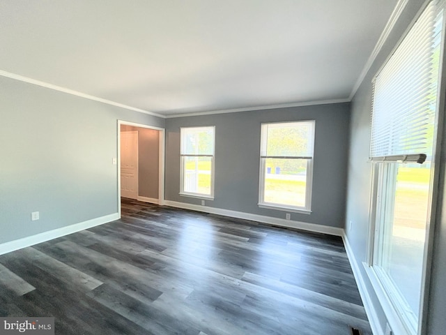 spare room featuring crown molding and dark hardwood / wood-style flooring