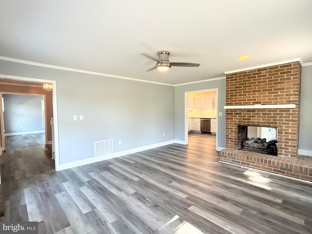 unfurnished living room with ceiling fan, wood-type flooring, and ornamental molding