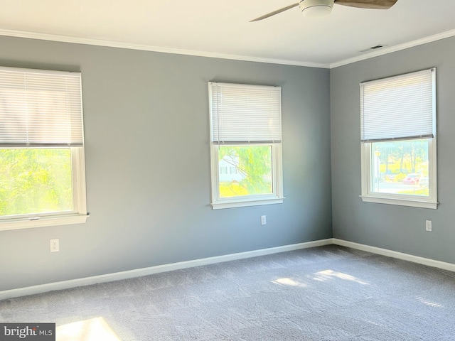 carpeted empty room featuring plenty of natural light, crown molding, and ceiling fan