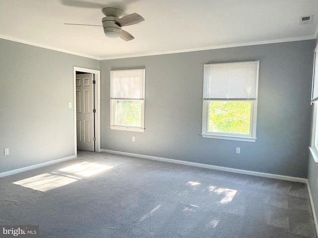 unfurnished bedroom featuring carpet, ceiling fan, ornamental molding, and multiple windows