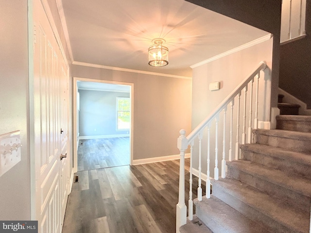 stairway with hardwood / wood-style flooring and crown molding