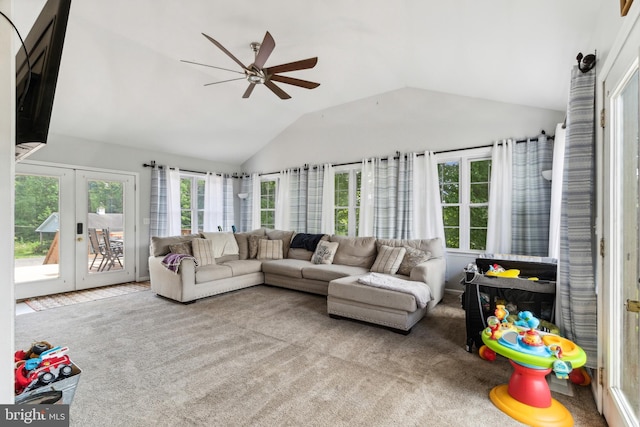 sunroom / solarium featuring french doors, vaulted ceiling, and ceiling fan