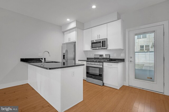 kitchen with sink, light hardwood / wood-style flooring, kitchen peninsula, white cabinets, and appliances with stainless steel finishes