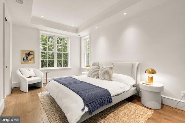 1201 D St NE, Washington, DC 20002 - bedroom with crown molding, a tray ceiling, wood finished floors, baseboards, and recessed lighting