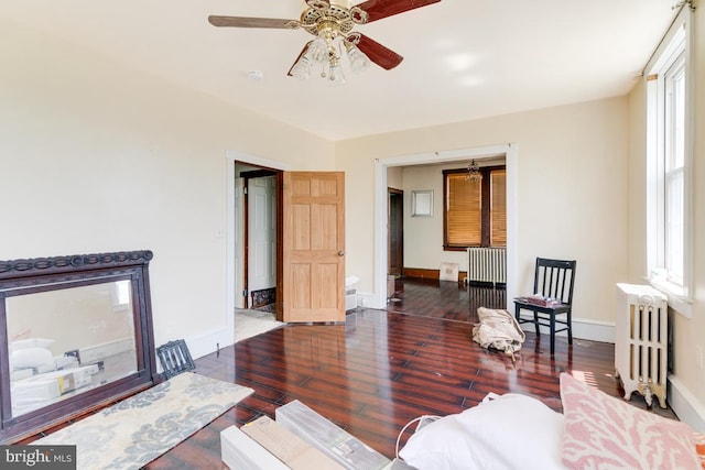 living room with radiator heating unit, dark hardwood / wood-style floors, and ceiling fan