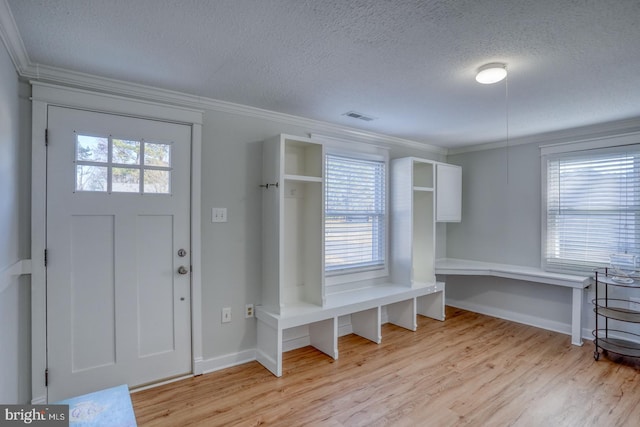 mudroom featuring crown molding, light hardwood / wood-style flooring, and a textured ceiling