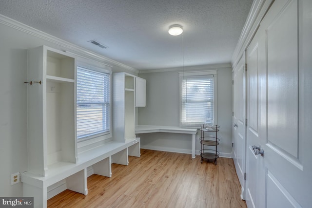 mudroom featuring crown molding, a textured ceiling, and light wood-type flooring