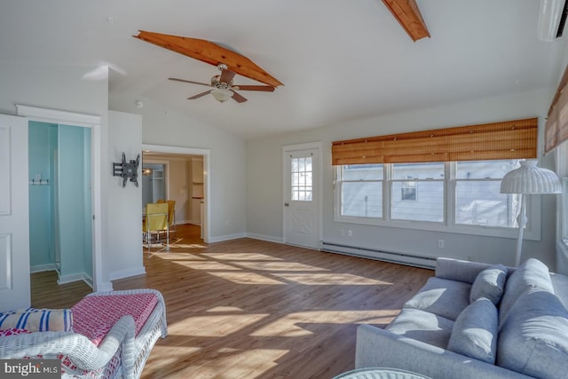 living room with wood-type flooring, lofted ceiling with beams, a baseboard radiator, and ceiling fan