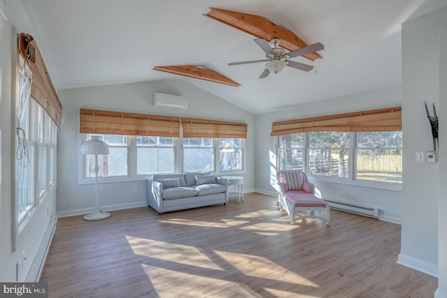 sunroom featuring an AC wall unit, ceiling fan, lofted ceiling with beams, and a baseboard heating unit