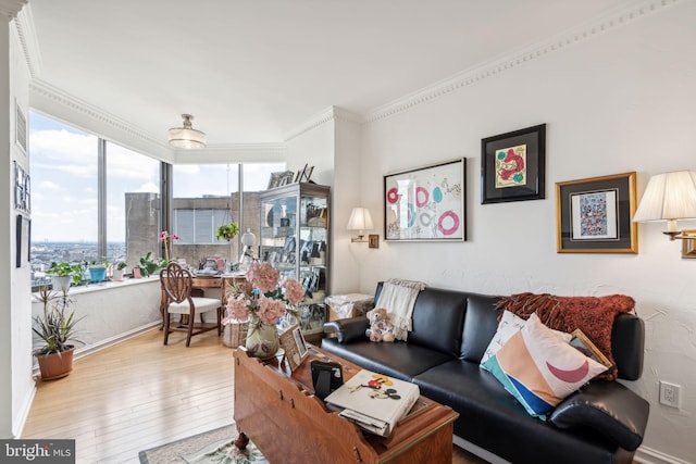 living room with hardwood / wood-style floors and ornamental molding