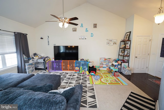 living room featuring ceiling fan, lofted ceiling, and hardwood / wood-style floors