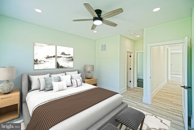 bedroom featuring ceiling fan and light hardwood / wood-style flooring