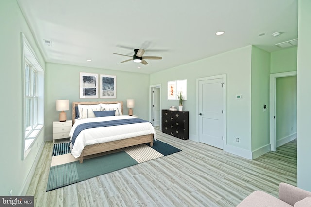 bedroom featuring ceiling fan and light hardwood / wood-style floors