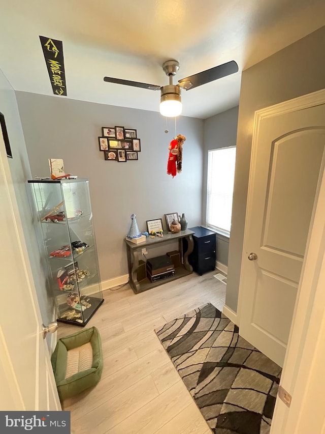 office space with hardwood / wood-style floors and ceiling fan