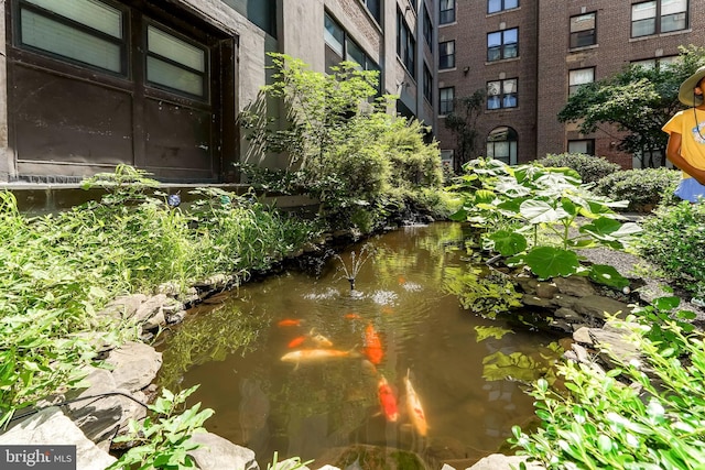 exterior space featuring a small pond