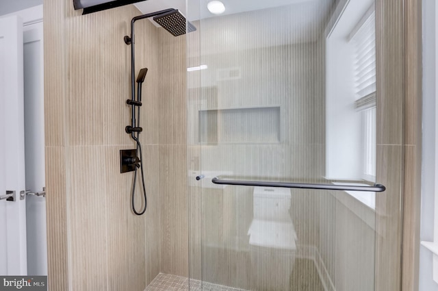 bathroom featuring a shower with shower door