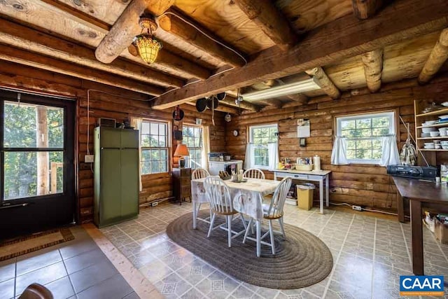 dining room with tile patterned flooring, beam ceiling, wooden ceiling, and rustic walls