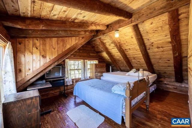 bedroom featuring vaulted ceiling with beams, dark hardwood / wood-style flooring, and wood ceiling