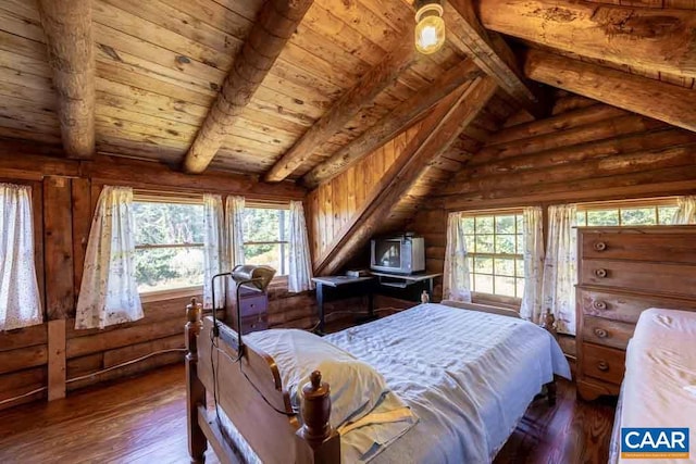 bedroom with vaulted ceiling with beams, dark hardwood / wood-style flooring, rustic walls, and wooden ceiling