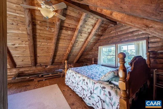 unfurnished bedroom featuring rustic walls, wood ceiling, ceiling fan, wood-type flooring, and vaulted ceiling with beams