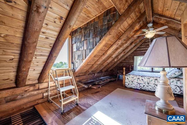 interior space with wood ceiling, vaulted ceiling with beams, and dark wood-type flooring