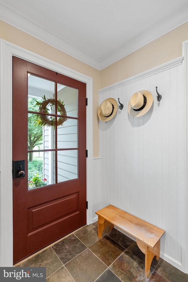 mudroom featuring ornamental molding