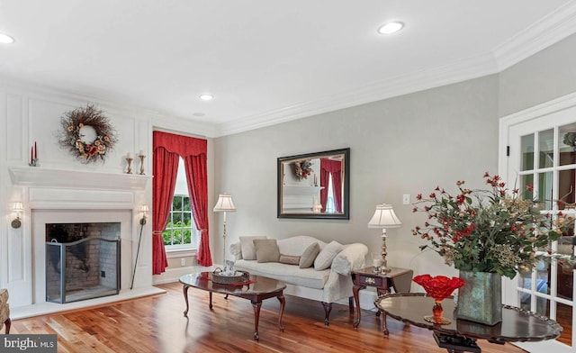 living room featuring crown molding and hardwood / wood-style floors