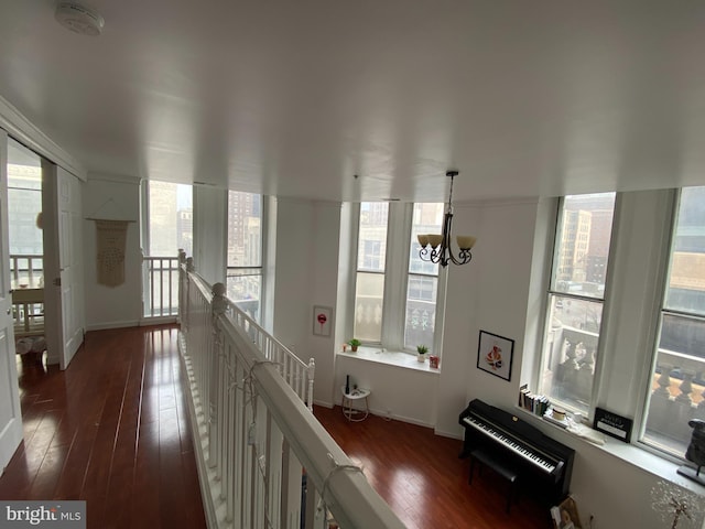 corridor with a wealth of natural light, dark wood-type flooring, and a notable chandelier