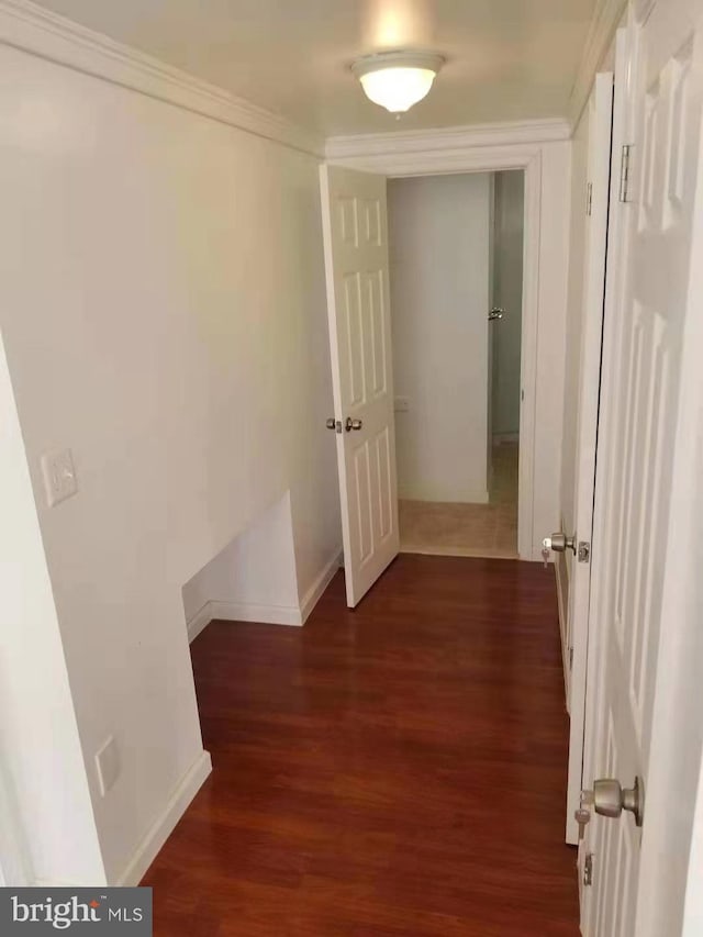 hallway with dark hardwood / wood-style floors and ornamental molding