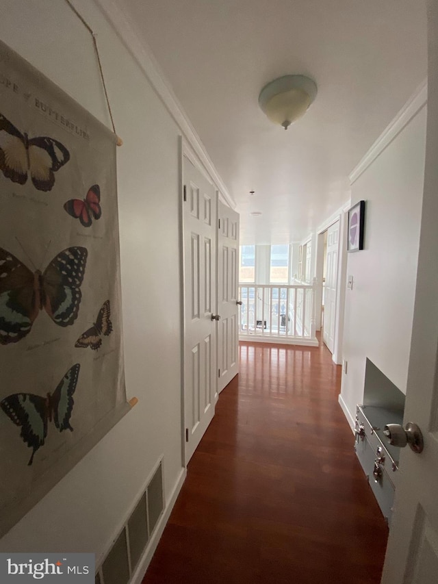 hallway featuring ornamental molding and dark wood-type flooring