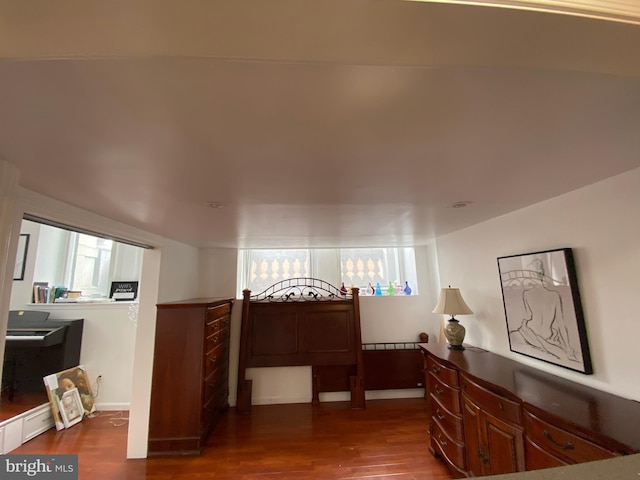 bedroom with multiple windows and dark wood-type flooring