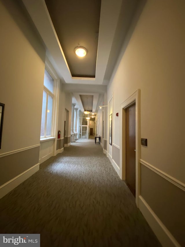 hallway with carpet flooring and a tray ceiling