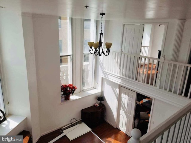 foyer with dark wood-type flooring and an inviting chandelier