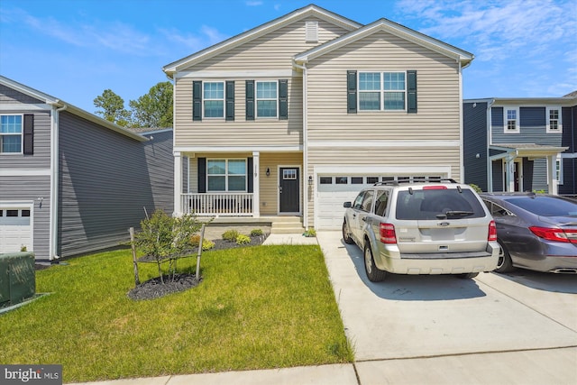 view of front of house featuring a front yard, a garage, and central AC unit