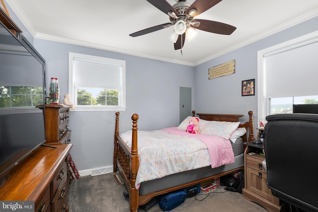 bedroom featuring dark colored carpet, multiple windows, and ceiling fan