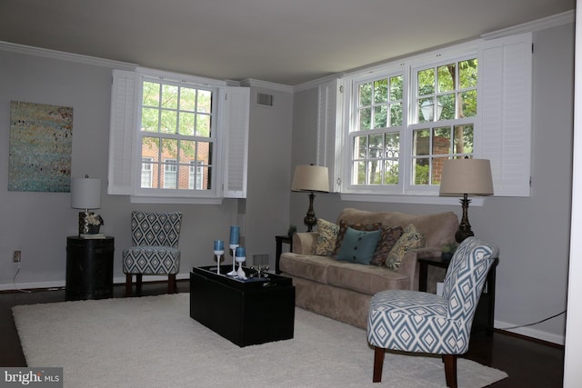 living room featuring ornamental molding