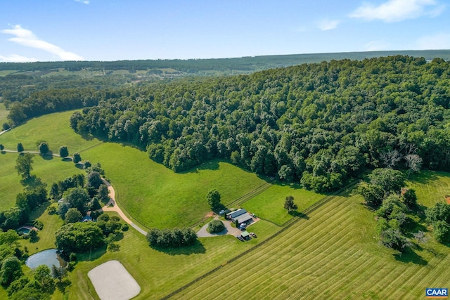 birds eye view of property featuring a rural view and a view of trees