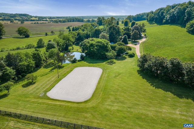 bird's eye view featuring a rural view and a water view