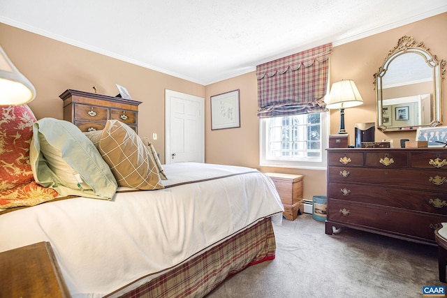 bedroom featuring a baseboard heating unit, carpet, and crown molding