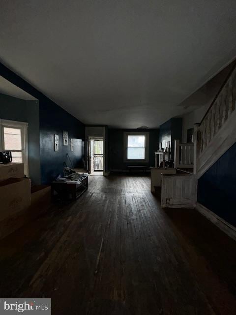 unfurnished living room with dark hardwood / wood-style floors