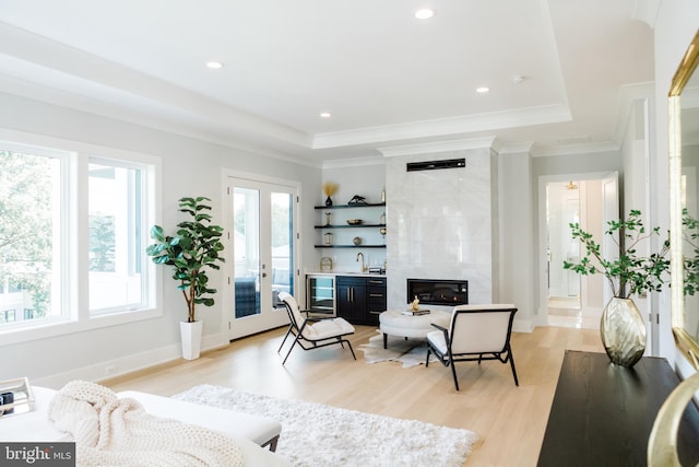 living area with a premium fireplace, a raised ceiling, light hardwood / wood-style floors, and plenty of natural light