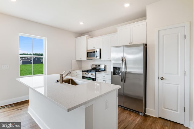 kitchen with white cabinets, sink, an island with sink, and appliances with stainless steel finishes