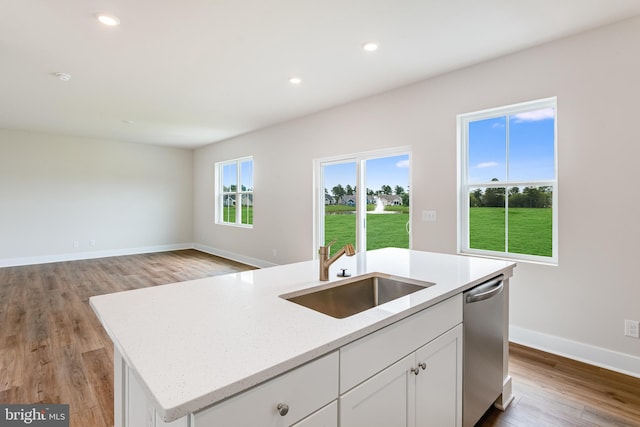 kitchen with sink, light hardwood / wood-style floors, stainless steel dishwasher, and an island with sink