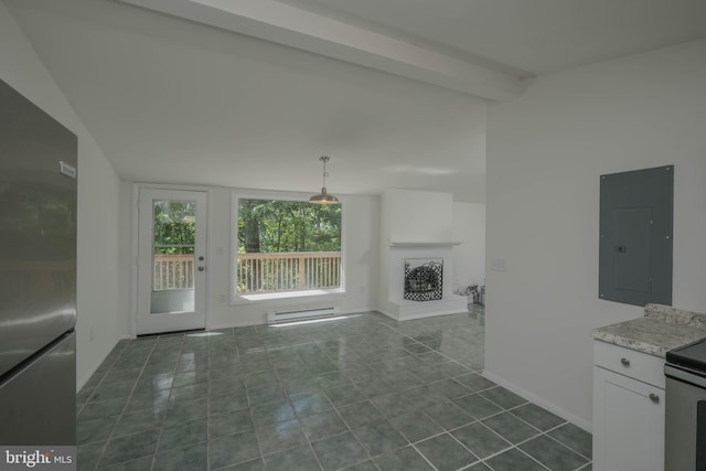 unfurnished living room featuring lofted ceiling with beams, electric panel, dark tile patterned flooring, and baseboard heating