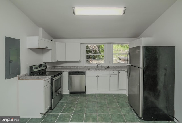 kitchen with white cabinetry, sink, electric panel, lofted ceiling, and appliances with stainless steel finishes