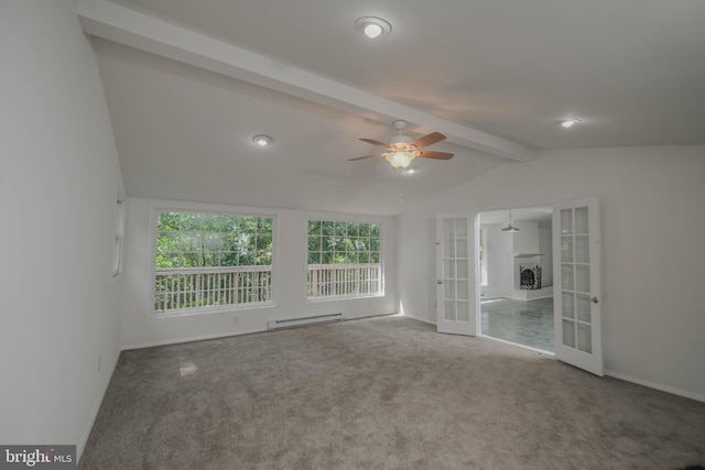 empty room featuring carpet, french doors, ceiling fan, a baseboard heating unit, and lofted ceiling with beams