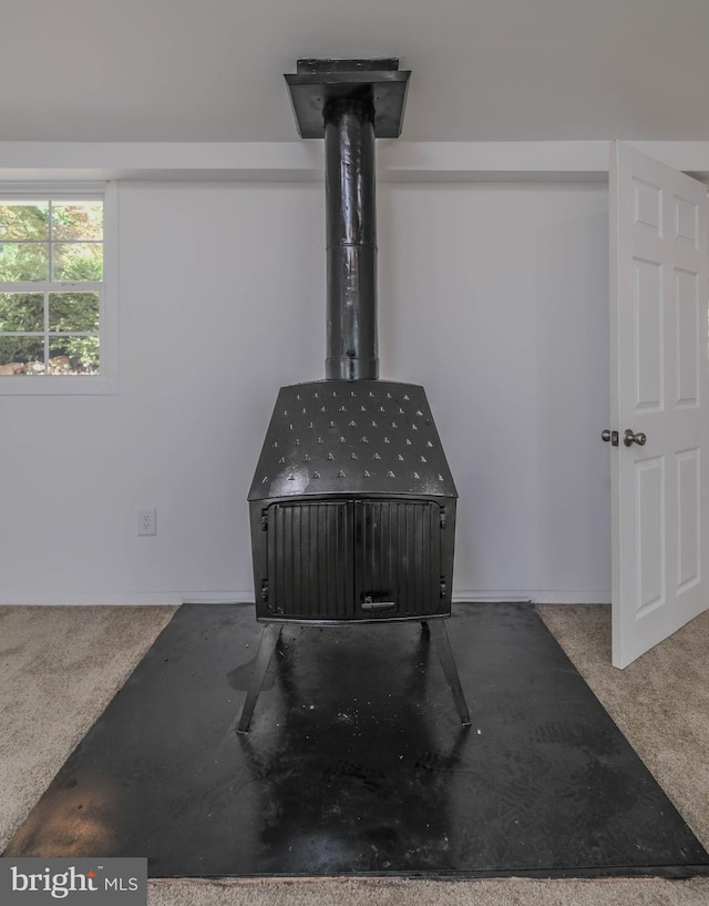 details with carpet flooring and a wood stove