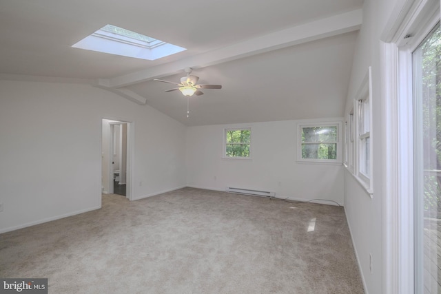 carpeted spare room featuring ceiling fan, lofted ceiling with skylight, and baseboard heating